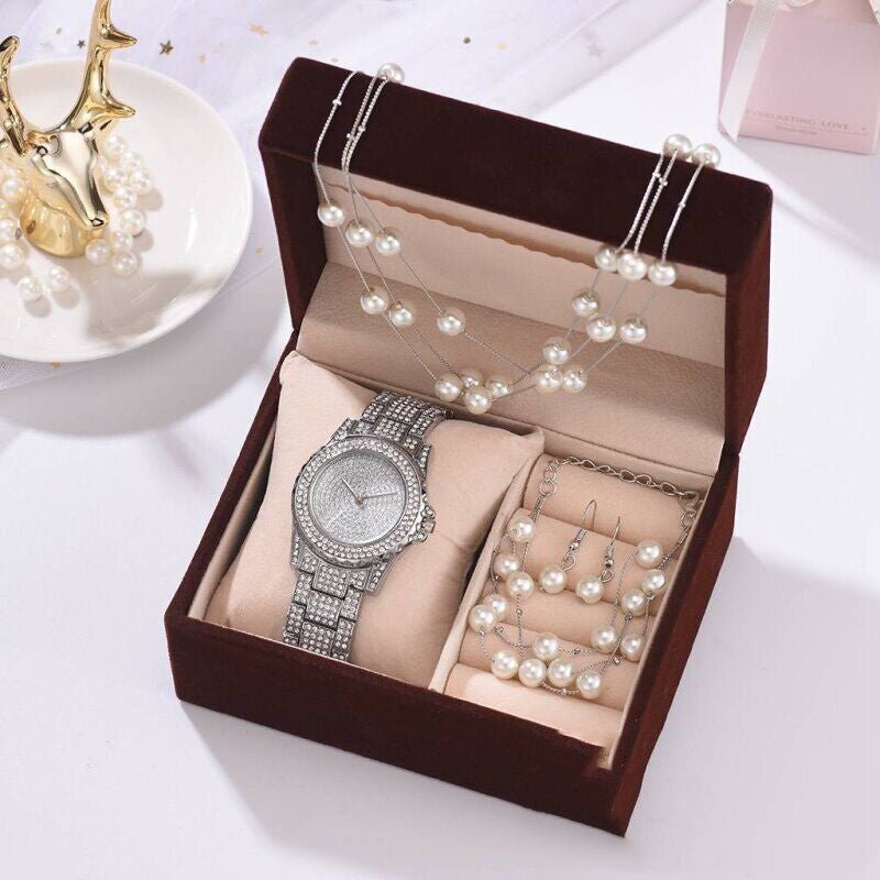 Diamond Watch Pearl Bracelet Earrings Necklace Set For Women - Body Bliss Essentials