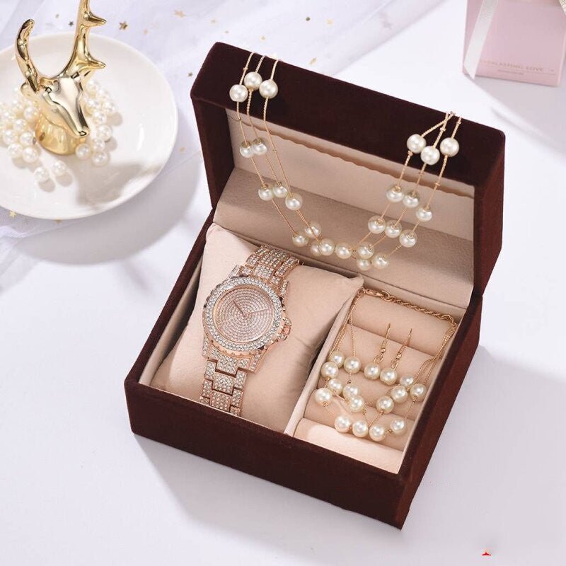 Diamond Watch Pearl Bracelet Earrings Necklace Set For Women - Body Bliss Essentials