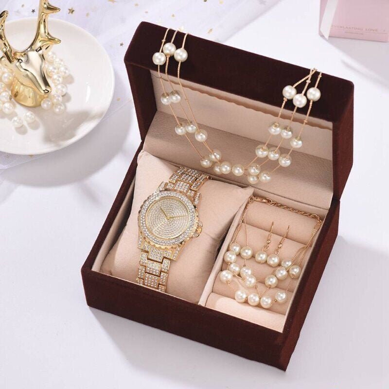 Diamond Watch Pearl Bracelet Earrings Necklace Set For Women - Body Bliss Essentials