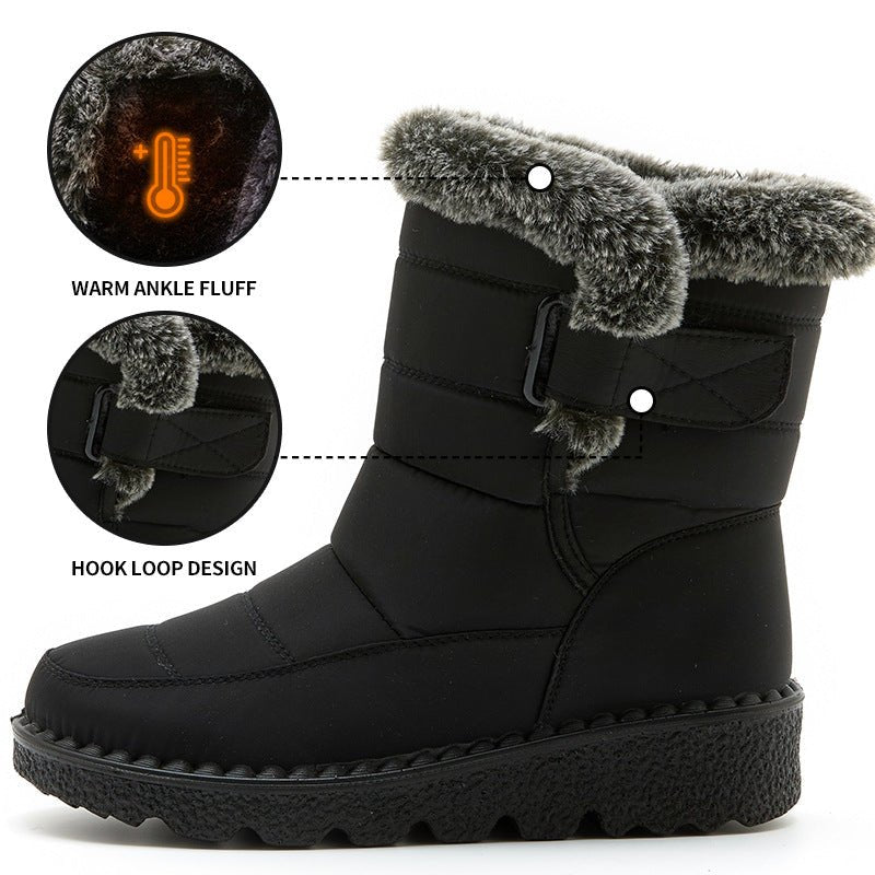 Snow Boots Winter Warm Hook And Loop Fastener Plush Shoes Women Waterproof Low Heels Platform Ankle Boots - Body Bliss Essentials