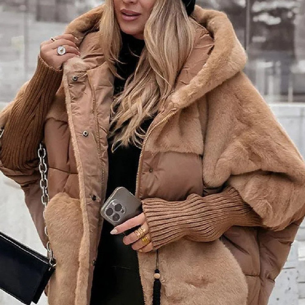Women's Loose Cotton Coat Faux Fur Patchwork Winter Coat Comfort Chic Long Sleeve Hooded Jacket - Body Bliss Essentials