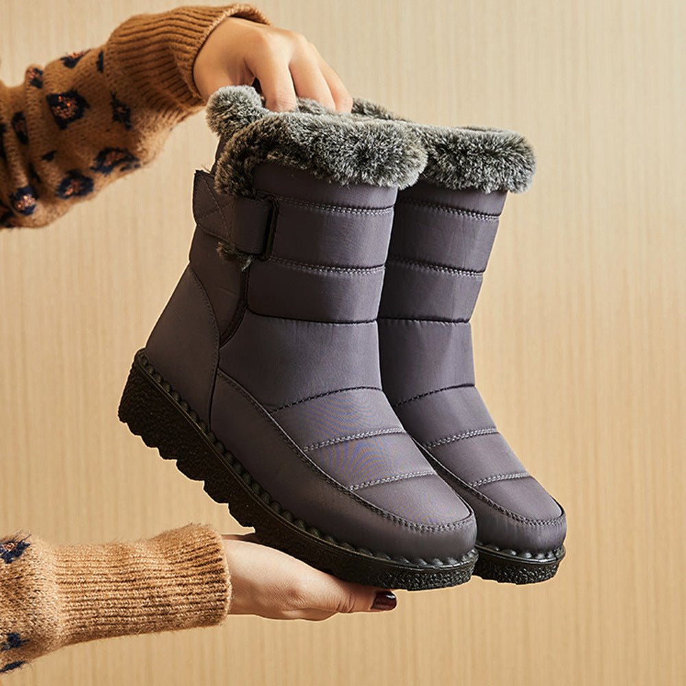 Snow Boots Winter Warm Hook And Loop Fastener Plush Shoes Women Waterproof Low Heels Platform Ankle Boots - Body Bliss Essentials