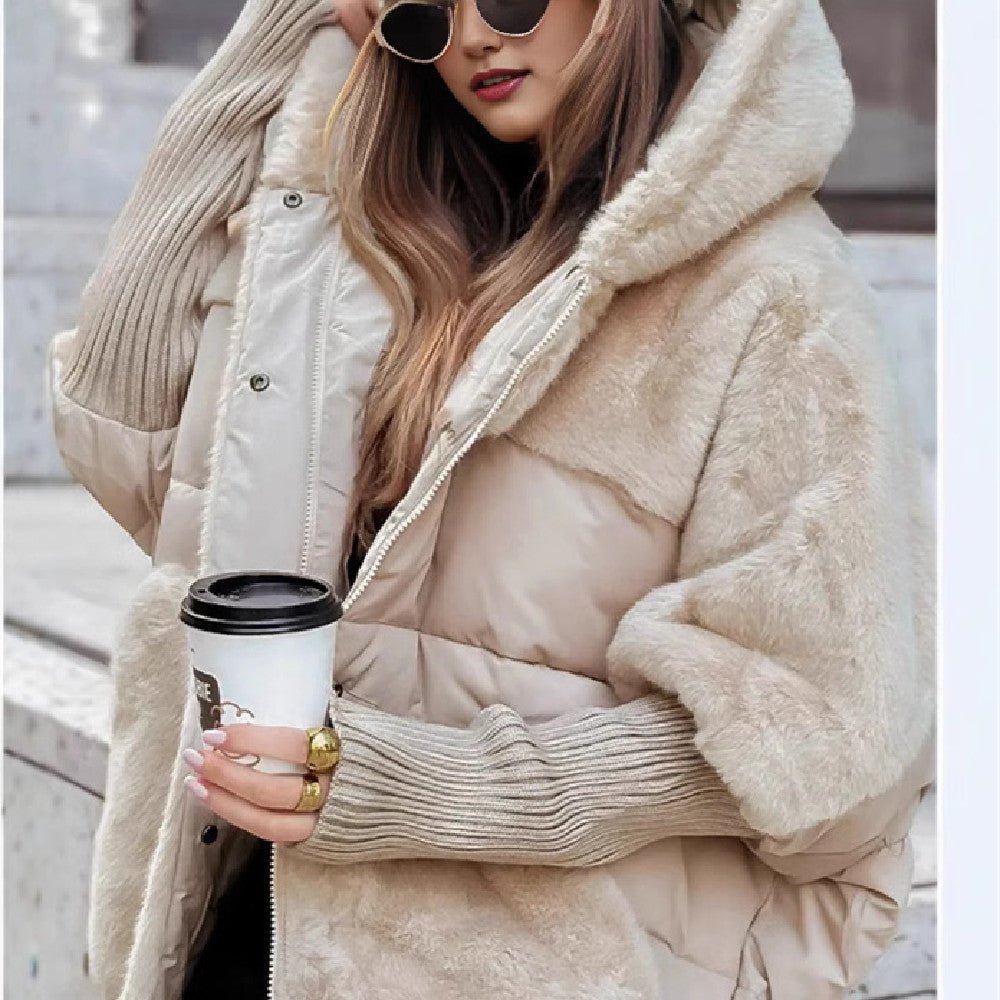 Women's Loose Cotton Coat Faux Fur Patchwork Winter Coat Comfort Chic Long Sleeve Hooded Jacket - Body Bliss Essentials