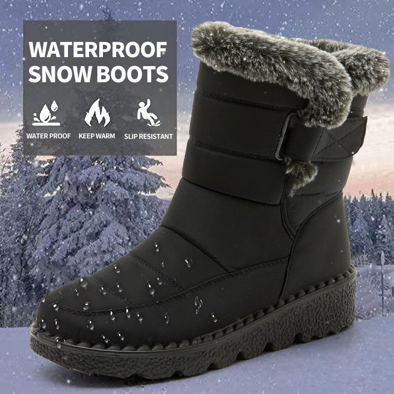 Snow Boots Winter Warm Hook And Loop Fastener Plush Shoes Women Waterproof Low Heels Platform Ankle Boots - Body Bliss Essentials