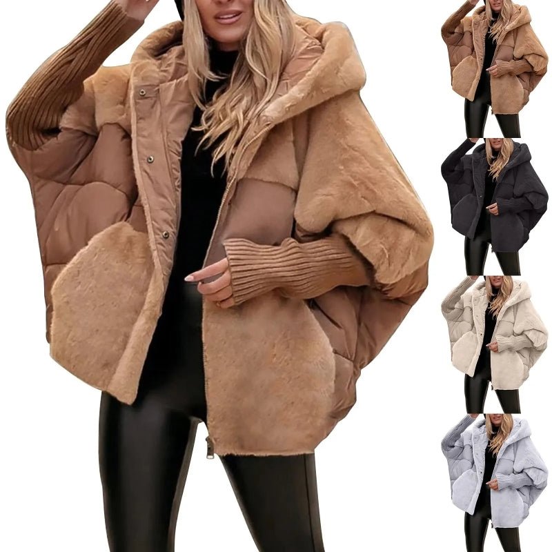 Women's Loose Cotton Coat Faux Fur Patchwork Winter Coat Comfort Chic Long Sleeve Hooded Jacket - Body Bliss Essentials