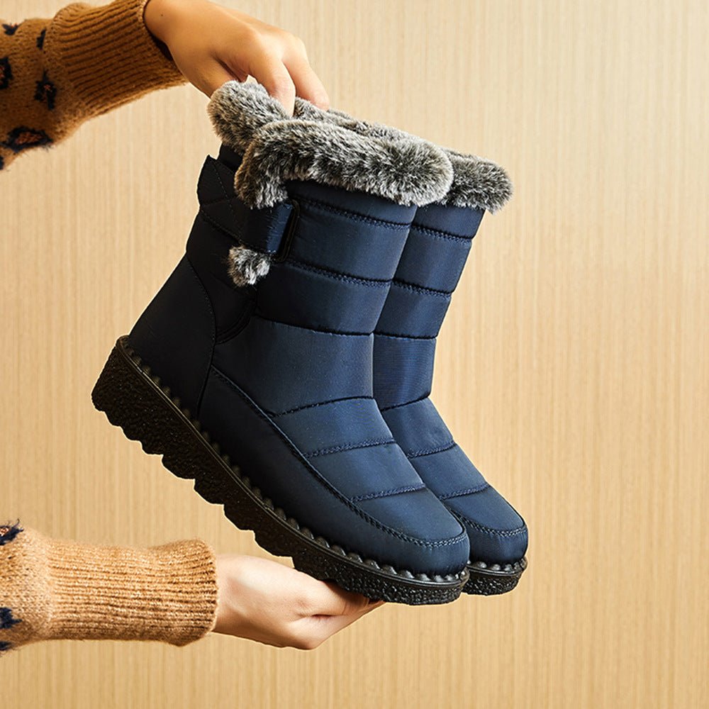 Snow Boots Winter Warm Hook And Loop Fastener Plush Shoes Women Waterproof Low Heels Platform Ankle Boots - Body Bliss Essentials