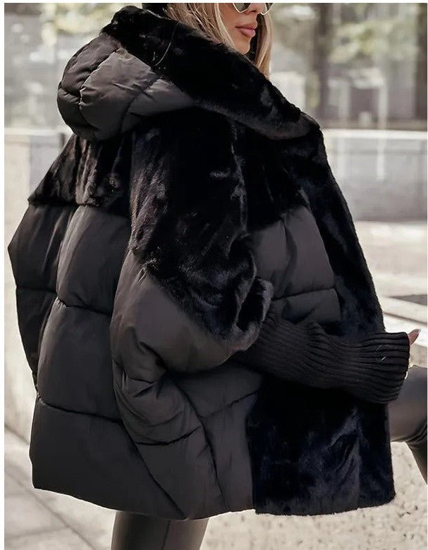 Women's Loose Cotton Coat Faux Fur Patchwork Winter Coat Comfort Chic Long Sleeve Hooded Jacket - Body Bliss Essentials