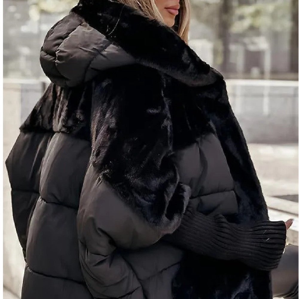 Women's Loose Cotton Coat Faux Fur Patchwork Winter Coat Comfort Chic Long Sleeve Hooded Jacket - Body Bliss Essentials