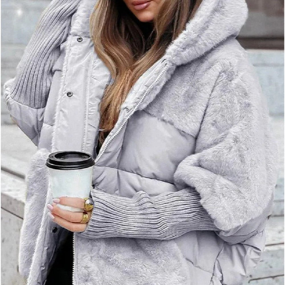 Women's Loose Cotton Coat Faux Fur Patchwork Winter Coat Comfort Chic Long Sleeve Hooded Jacket - Body Bliss Essentials