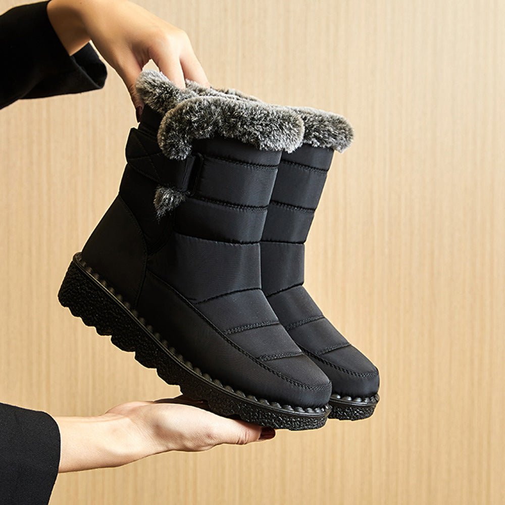 Snow Boots Winter Warm Hook And Loop Fastener Plush Shoes Women Waterproof Low Heels Platform Ankle Boots - Body Bliss Essentials